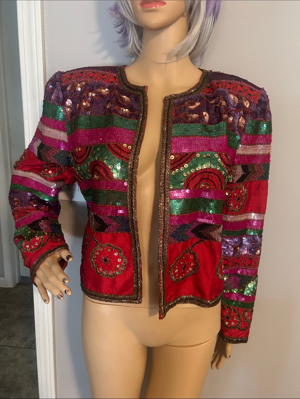 Laurence Kazar Vintage  Multicolor Sequined Jacket - Red, Green & Purple